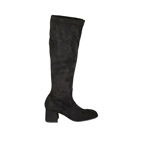 Damenstiefel mit halbem Reißverschluß aus schwarzem elastischem Stoff und Wildleder Absatz 5 - Verfügbare Größen:  32, 33, 42, 43, 44, 45