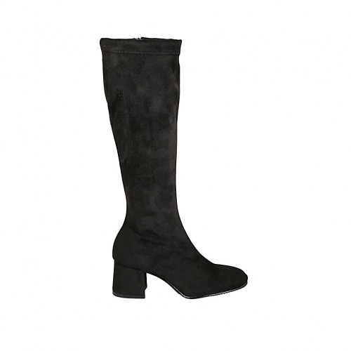 Damenstiefel mit Reißverschluß aus schwarzem elastischem Stoff und Wildleder Absatz 5 - Verfügbare Größen:  33, 42, 43, 44, 45