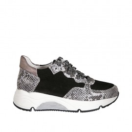 Woman's laced shoe with removable insole in grey and bronze printed leather and black suede wedge heel 4 - Available sizes:  42, 43, 44