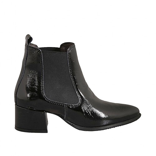Bottines à bout pointu pour femmes avec elastiques en cuir verni noir talon 5 - Pointures disponibles:  42, 43, 44, 45