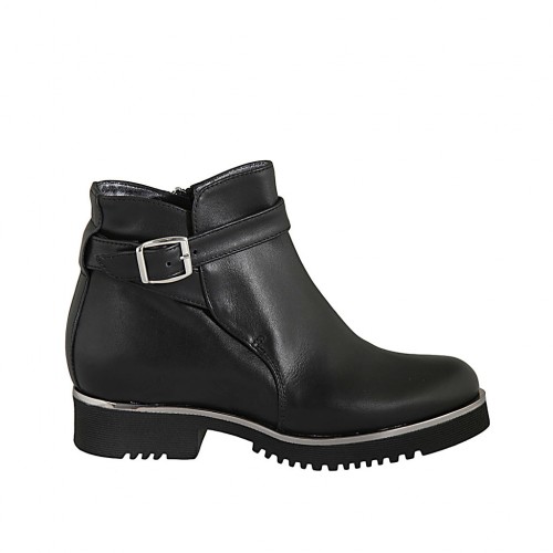 Bottines pour femmes en cuir noir avec boucle et fermeture éclair talon 3 - Pointures disponibles:  32, 33, 34, 42, 43, 44
