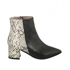 Stivaletto a punta da donna con cerniera in pelle nera e pelle stampata nera e beige tacco 5 - Misure disponibili: 32, 33, 34, 43, 44