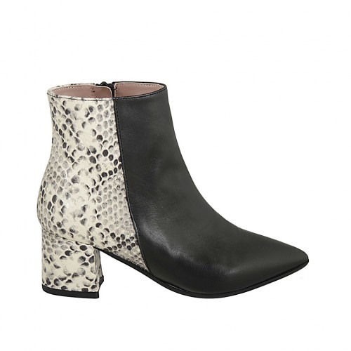Spitze Damenstiefelette mit Reissverschluss aus schwarzem und bedrucktem schwarzem und beigem Leder Absatz 5 - Verfügbare Größen:  32, 33, 34, 43, 44