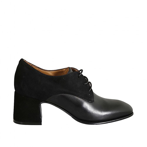 Scarpa stringata derby da donna in camoscio e pelle nera tacco 6 - Misure disponibili: 32, 33, 34, 42, 43, 44, 46