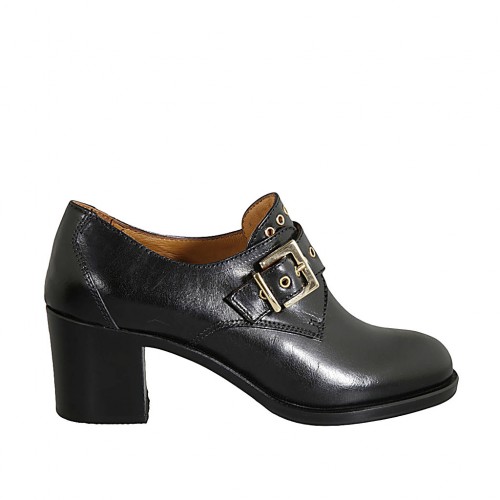 Scarpa accollata da donna con fibbia e borchie in pelle nera tacco 6 - Misure disponibili: 32, 33, 34, 43, 44, 45, 46