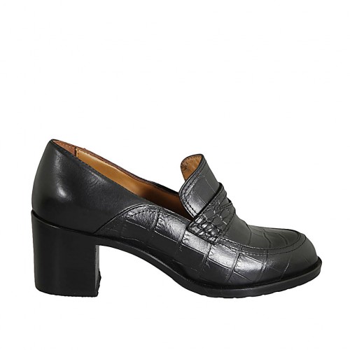 Mocasino para mujer en piel y piel imprimida negra tacon 6 - Tallas disponibles:  32, 33, 34, 42, 43, 44, 45, 46