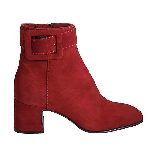 Bottines pour femmes avec fermeture éclair et boucle en daim rouge talon 6 - Pointures disponibles:  32, 34, 42, 43, 44, 45