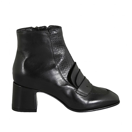 Botin para mujer con cremallera en piel y piel imprimida negra tacon 6 - Tallas disponibles:  33, 34, 42, 43, 44, 45