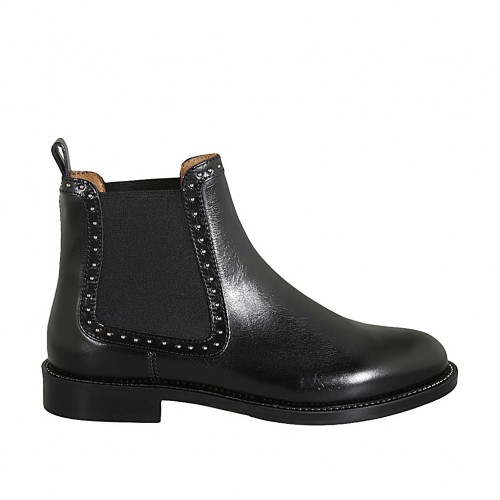 Damenstiefelette mit Gummibändern und Nieten aus schwarzem Leder Absatz 2 - Verfügbare Größen:  33, 34, 42, 43, 44, 45