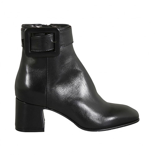 Botines para mujer con hebilla y cremallera en piel negra tacon 6 - Tallas disponibles:  32, 33, 34, 42, 43, 44, 45