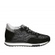 Woman's laced shoe with removable insole in grey printed fabric, silver leather and black suede wedge heel 3