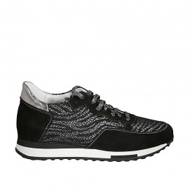 Chaussure à lacets pour femmes avec semelle amovible en cuir argent, tissu imprimé gris et daim noir talon compensé 3 - Pointures disponibles:  42, 43, 45