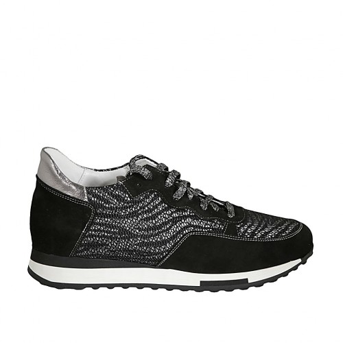 Woman's laced shoe with removable insole in grey printed fabric, silver leather and black suede wedge heel 3