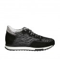 Woman's laced shoe with removable insole in grey printed fabric, silver leather and black suede wedge heel 3