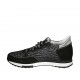 Woman's laced shoe with removable insole in grey printed fabric, silver leather and black suede wedge heel 3