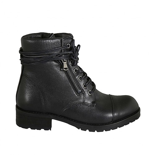 Bottines pour femmes avec lacets, fermetures éclair et bout droit en cuir noir talon 4 - Pointures disponibles:  43, 44