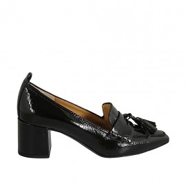 Woman's moccasin shoe with tassels in black patent leather heel 5 - Available sizes:  32, 33, 34, 42, 43, 44, 45