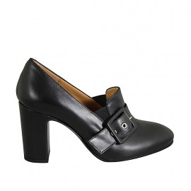 Mocassino da donna con fibbia ed elastici in pelle nera tacco 8 - Misure disponibili: 32, 33, 34, 42, 43, 44, 45