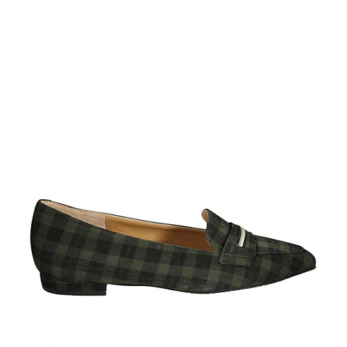 Mocasino a punta para mujer en gamuza escocésa verde y negra tacon 1 - Tallas disponibles:  33, 34, 42, 43, 44, 45