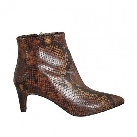 Spitze Damenstiefelette mit Reissverschluss aus braunem bedrucktem Leder Absatz 6 - Verfügbare Größen:  31, 32, 33, 34, 42, 43, 44, 46, 47