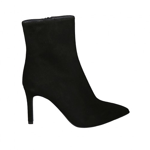 Botines puntiagudos con cremallera para mujer en gamuza negra tacon 8 - Tallas disponibles:  31, 32, 33, 34, 42, 43, 44, 46, 47