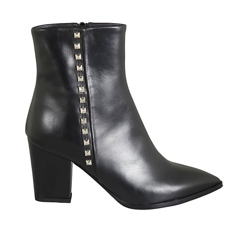 Spitze Damenstiefelette mit Reissverschluss und Nieten aus schwarzem Leder Absatz 7 - Verfügbare Größen:  32, 33, 34, 42, 43, 45, 46, 47