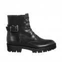 Bottines pour femmes avec boucle, fermeture éclair et lacets cousus en cuir noir talon 3