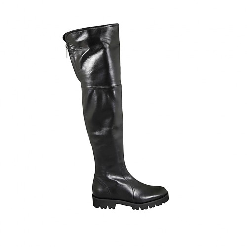 Bottes au genou pour femmes avec fermeture éclair en cuir noir talon 3 - Pointures disponibles:  33, 34, 42, 43, 44