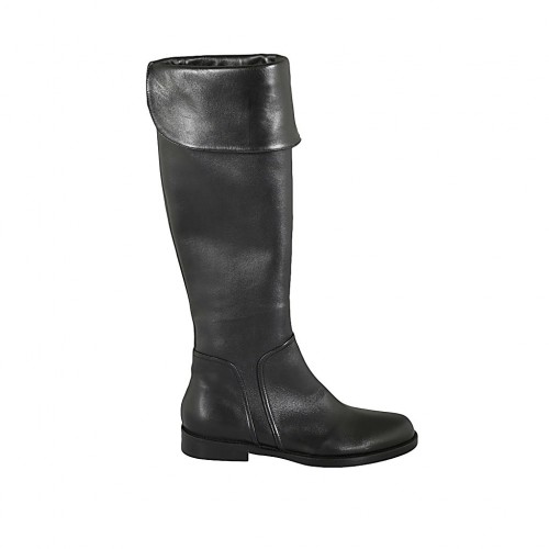 Botas para mujeres con solapa y cremallera en piel negra tacon 3  - Tallas disponibles:  32, 34, 42, 43, 44, 45