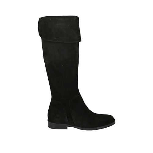 Botas para mujer con solapa y cremallera en gamuza negra tacon 3  - Tallas disponibles:  33, 34, 42, 43, 44, 45