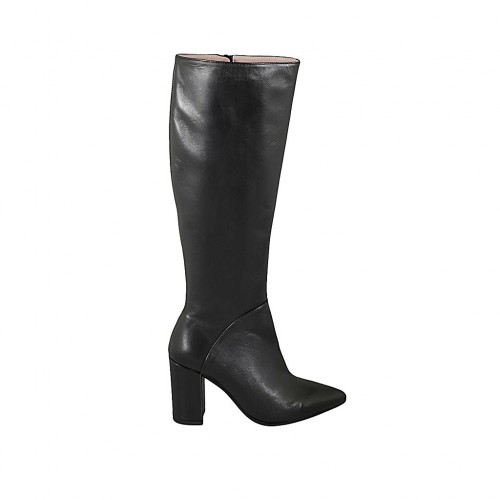 Botas puntiagudas para mujer con cremallera en piel negra tacon 8  - Tallas disponibles:  34, 42, 43