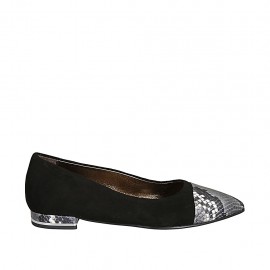 Bailarina a punta para mujer en gamuza negra y piel estampada negra y blanca tacon 1  - Tallas disponibles:  33, 34, 42, 43, 44, 45
