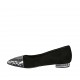 Woman's pointy ballerina shoe in back suede and black and white printed leather heel 1