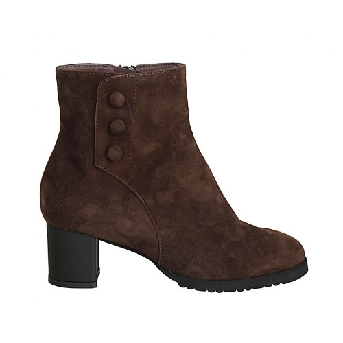 Woman's ankle boot with zipper, removable insole and buttons in brown suede heel 5 - Available sizes:  31, 32, 33, 42, 43, 44, 45