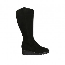 Damenstiefel mit Reissverschluss, herausnehmbarer Innensohle und Nieten aus schwarzem Wildleder Keilabsatz 4 - Verfügbare Größen:  31, 32, 33, 42, 43, 44, 45