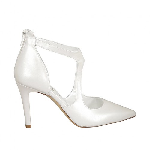 Zapato abierto para mujer en piel perlada de color marfil con cremallera posterior tacon 9 - Tallas disponibles:  31, 32, 33, 34, 42, 43, 44, 45