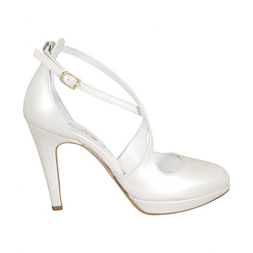 Zapato abierto para mujer en piel marfil perlado con cinturon y plataforma y tacon 10 - Tallas disponibles:  31, 32, 34, 42, 43, 44, 45, 46