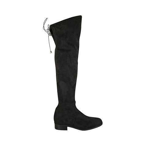 Damenstiefel mit Schnürsenkeln am Hinterbein aus schwarzem elastischem Wildleder Absatz 3 - Verfügbare Größen:  33, 34, 42, 43, 44