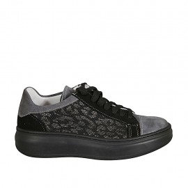 Zapato deportivo con cordones y plantilla extraible para mujer en gamuza negra y gris y red negra cuña 4 - Tallas disponibles:  34, 42, 43, 44, 45