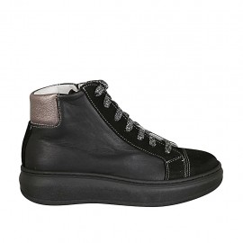 Damenschnürschuh mit herausnehmbarer Innensohle aus schwarzem und bronzenem Leder und schwarzem Wildleder Keilabsatz 4 - Verfügbare Größen:  33, 42, 43, 44, 45