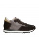 Woman's laced shoe with removable insole and net in brown suede, golden leather and taupe printed leather wedge heel 3