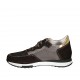 Woman's laced shoe with removable insole and net in brown suede, golden leather and taupe printed leather wedge heel 3