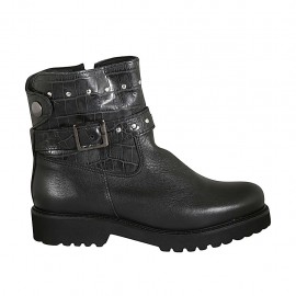 Bottines pour femmes avec fermeture éclair, goujons, bouton-pression et boucle en cuir et cuir imprimé noir talon 3 - Pointures disponibles:  33, 34, 42, 43, 44, 45