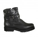Woman's ankle boot with zipper, studs, snap button and buckle in black leather and printed leather heel 3