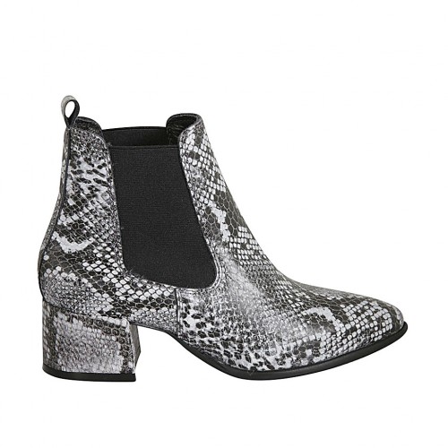 Spitze Damenstiefelette mit Gummibändern aus schwargrauem bedrucktem Leder Absatz 5 - Verfügbare Größen:  34, 42, 43, 44, 45