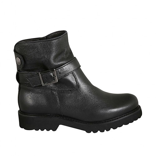 Damenstiefelette aus schwarzem Leder mit Reißverschluss, Schnalle und Druckknopf Absatz 3 - Verfügbare Größen:  33, 34, 42, 43, 45
