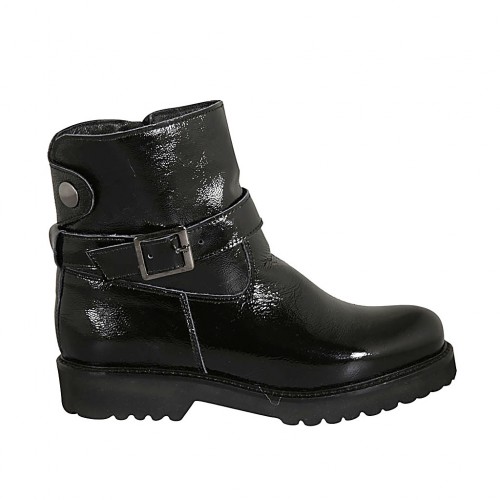 Damenstiefelette aus schwarzem Lackleder mit Reißverschluss, Schnalle und Druckknopf Absatz 3 - Verfügbare Größen:  33, 42, 43, 44, 45