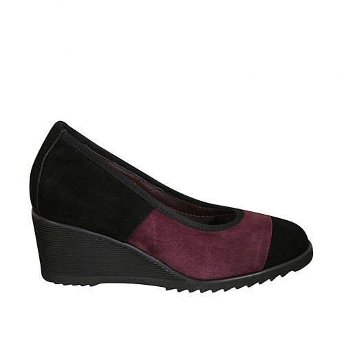 Zapato de salon para mujer con plantilla extraible en gamuza negra y granate cuña 6 - Tallas disponibles:  31, 32, 33, 34, 42, 43, 44, 45