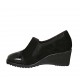 Woman's highfronted shoe with elastics and removable insole in black suede, printed suede and patent leather wedge heel 6 - Available sizes:  31, 33, 34, 42, 43, 44, 45