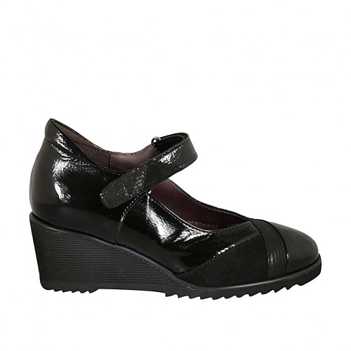 Damenschuh mit Klettverschluss und abnehmbarer Innensohle aus schwarzem Lack-, Wildleder und bedrucktem Wildleder Keilabsatz 6 - Verfügbare Größen:  31, 32, 33, 34, 42, 43, 44, 45